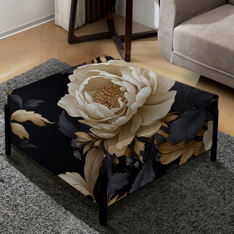 Beige et noir à motif floral - grand repose-pieds carré floral