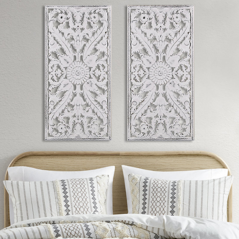 2 décorations murales en bois vieilli - Motif de décoration de fleurs de lotus blanc mat