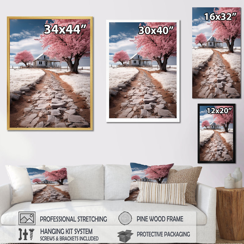 Rose, maison de ferme harmonie II - paysage et nature, art mural dans le salon, H 20 po x l 12 po x P 1 po, Noir