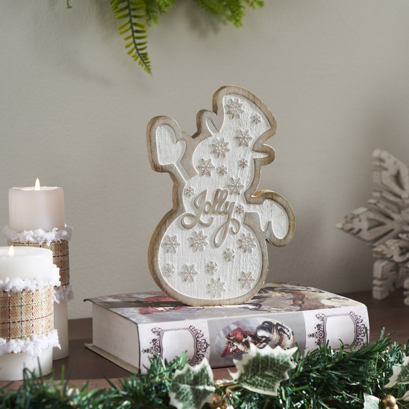 Bonhomme de neige en bois naturel délavé blanc 8 x 6 x 1