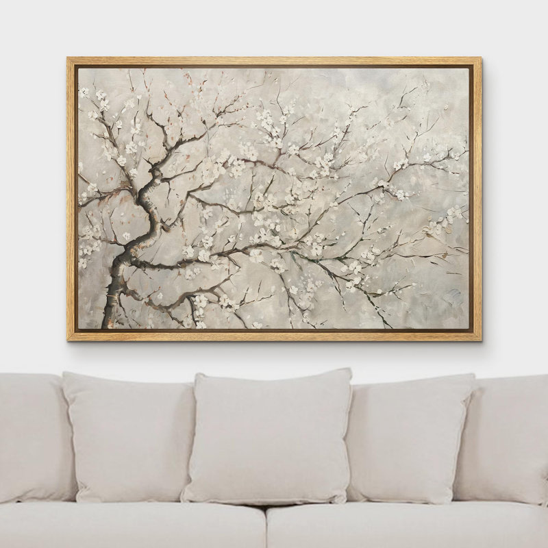 Art mural sur toile de fleur de cerisier gris, H 24 po x l 36 po, Impression encadrée flottante sans passe-partout, Naturel