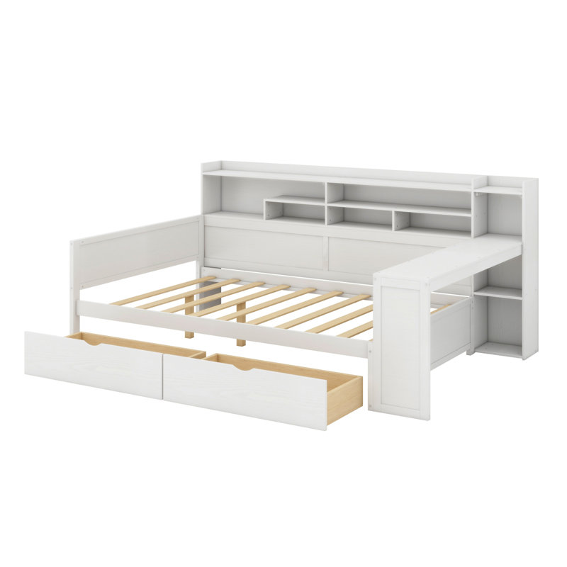 Daybed With Storage Shelves, Multi-Functional Bed With Two Storage Drawers And Study Desk, Antique White