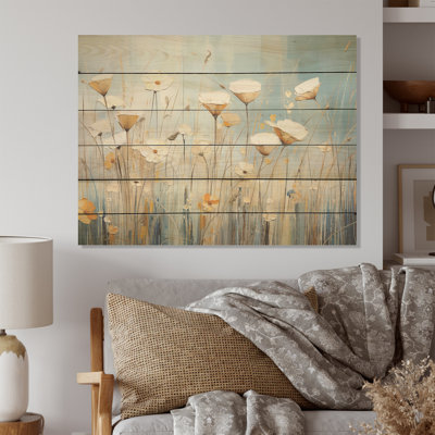 «Beige minimalisme Wildflowers Breeze» - panneau mural en bois sur fond de bois de pin naturel