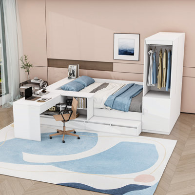 6 Drawers Full Wooden Platform Bed with Shelves, Built-in Desk, Wardrobe and Charging Station