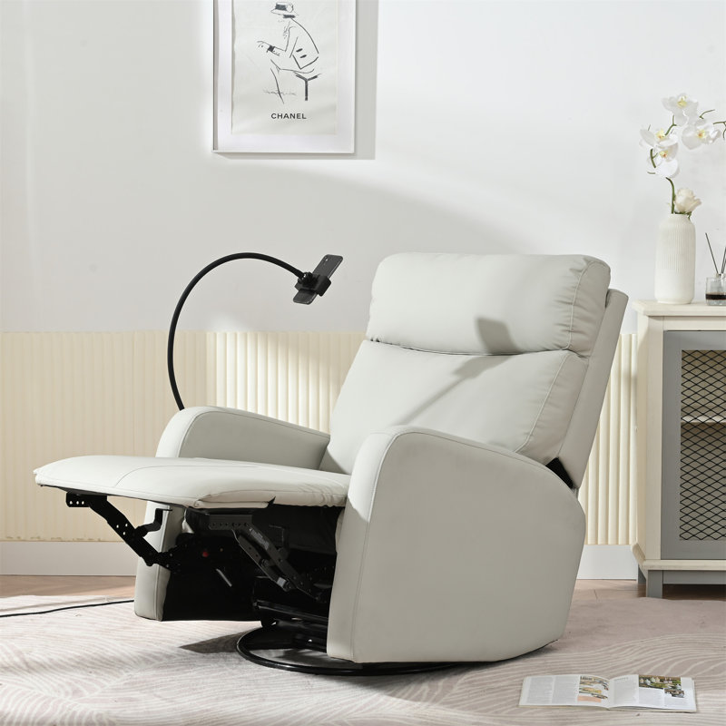 Light Gray Faux Leather Swivel Recliner with Metal Frame
