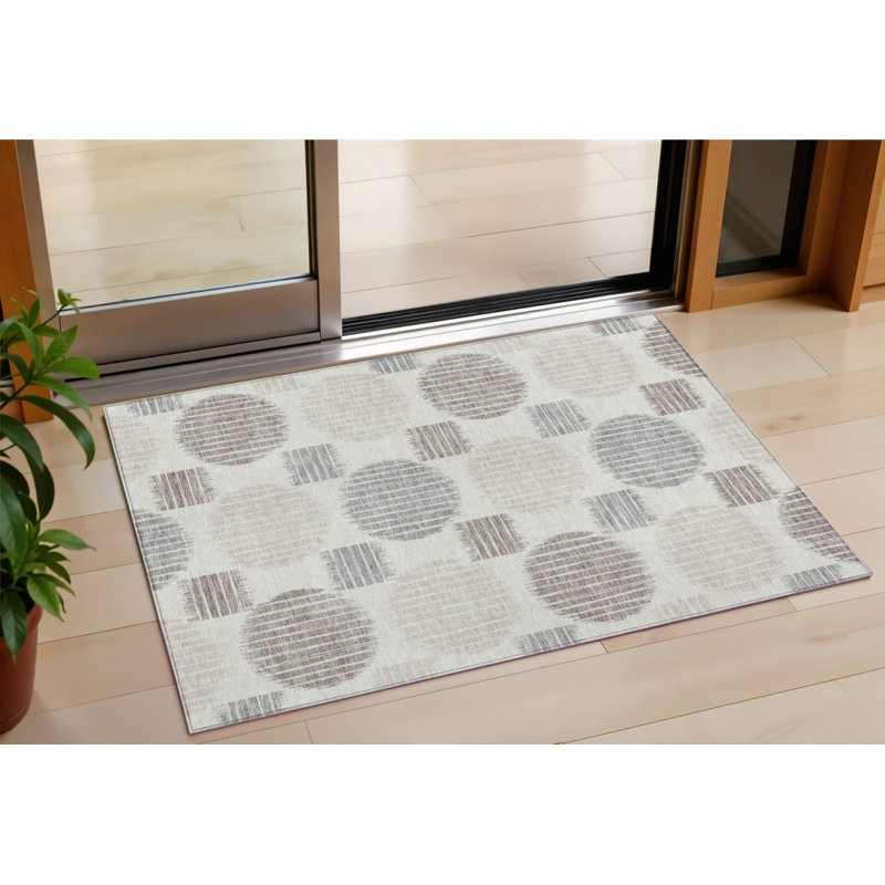 3' X 5' Ivory Brown And Gray Geometric Washable Indoor Outdoor Area Rug