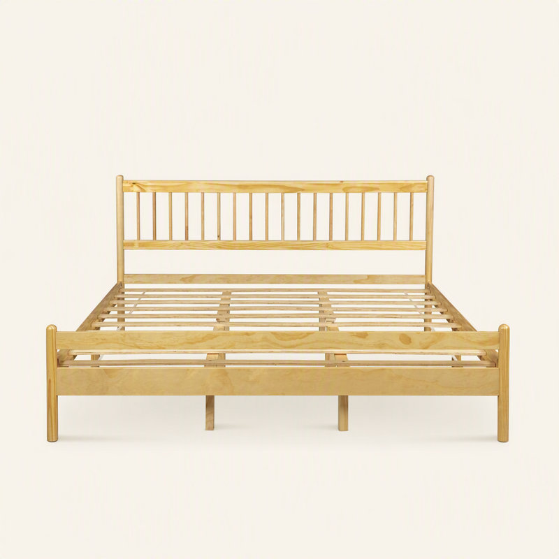 Lit de style traditionnel avec tête et pied de lit, lit en bois de pin avec cadre de lit renforcé, Natural