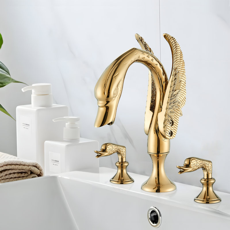 Ensemble de robinet de salle de bain à large entraxe 3 pièces avec bec Swan en or brossé Mosson