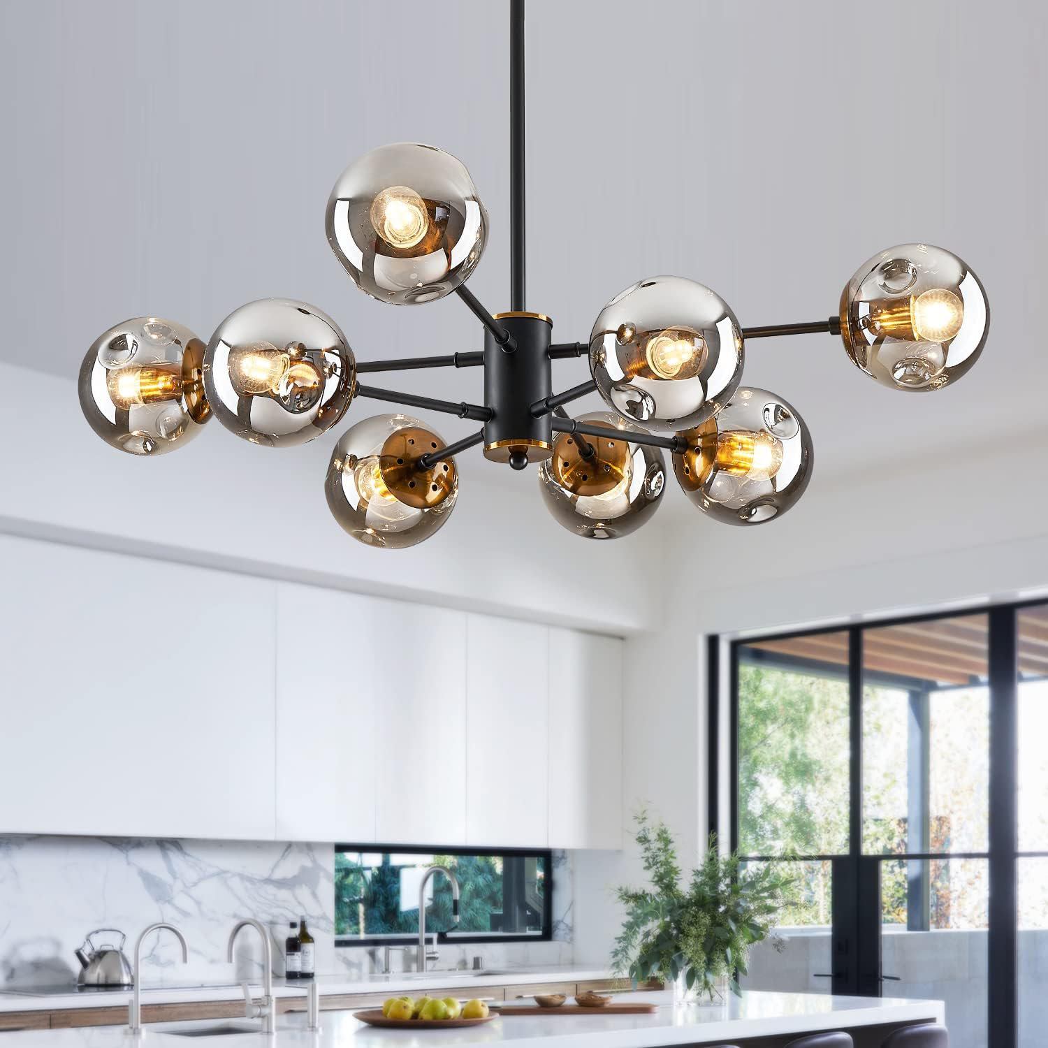 Everly Quinn 8-Light Sputnik Pendant Light - Black Gold Globe Glass for ...