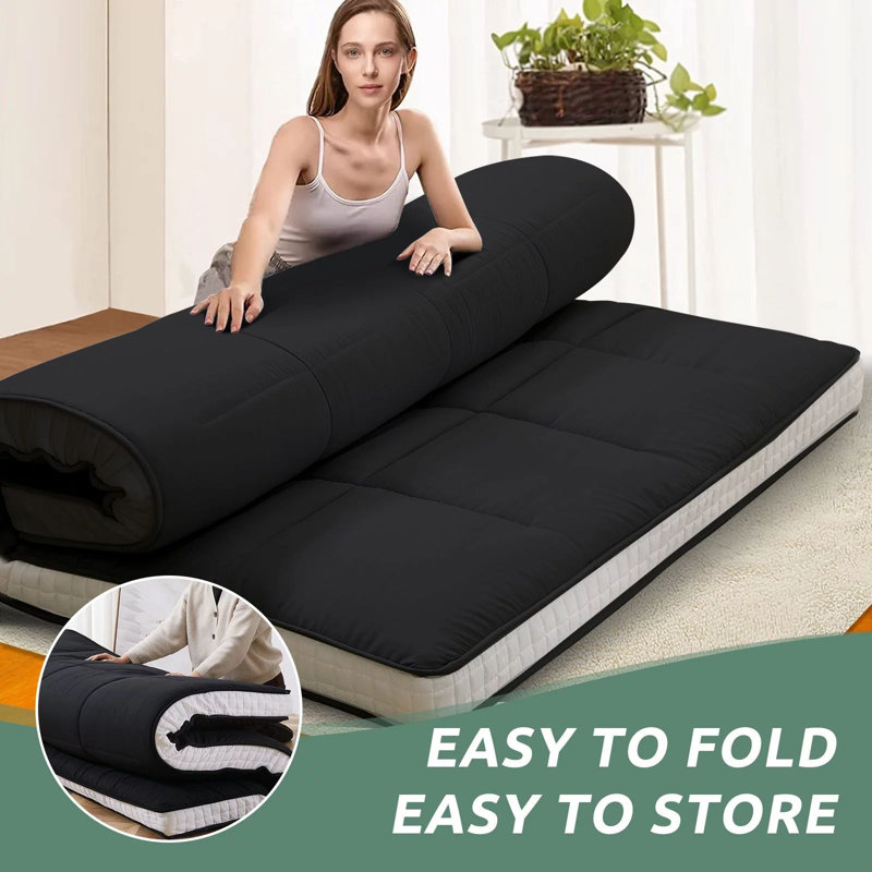 Futon Mattress , Memory Foam Padded Japanese Floor Mattress for Adults with Bandage and Storage Bag, Black, Full