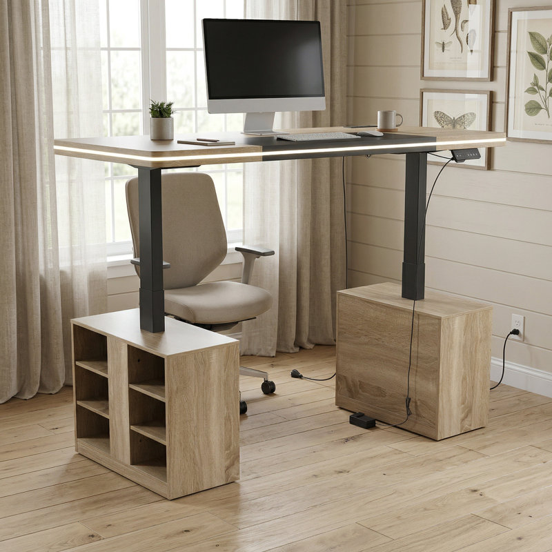 Modern Sit-Stand Desk With LED Light Strip，7-Color LED Lighting,Home Office Desk, Yellow/Black