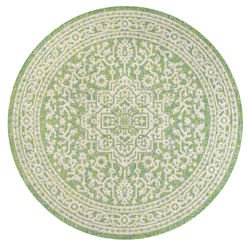 Aaleayah Medallion Textured Weave Cream/Green Indoor/Outdoor Rug, Round 5'3"