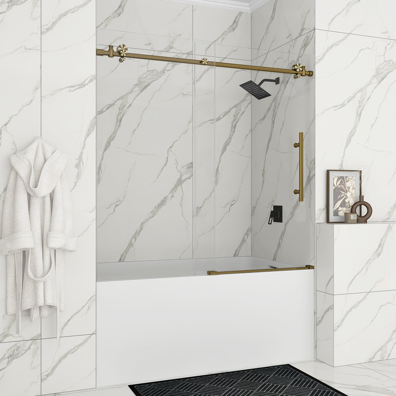 60-Inch Gold Frameless Sliding Shower Door with Clear Glass