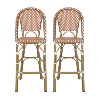 Tabouret de bar 29,5 po en rotin français d'extérieur, rouge rouille et blanc, structure en aluminium avec finition en bambou (ensemble de 2)