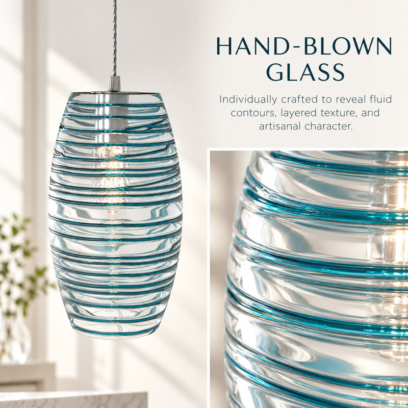 Aref 1-Light Dimmable Handblown Glass Single Pendant, Blue