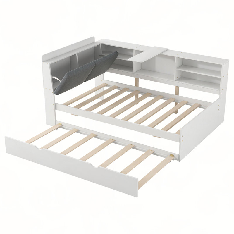 Lit plateforme en bois avec lit gigogne, tablettes et tête de lit, Simple, Blanc / gris