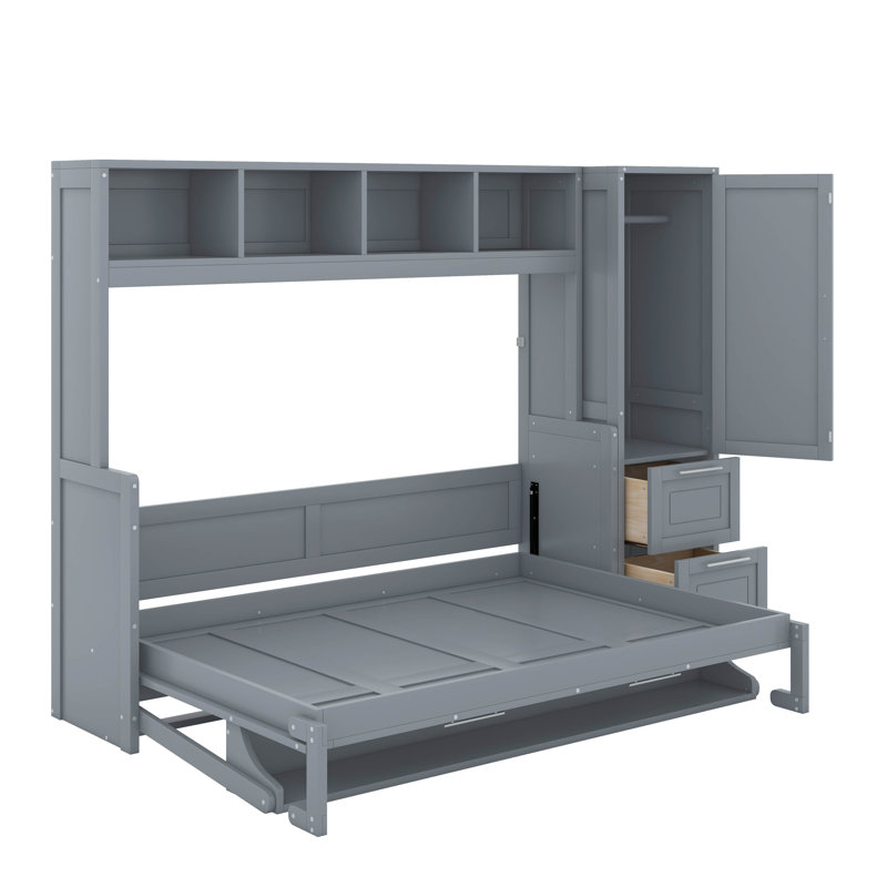 Lit escamotable double avec placard et tiroirs, Gris