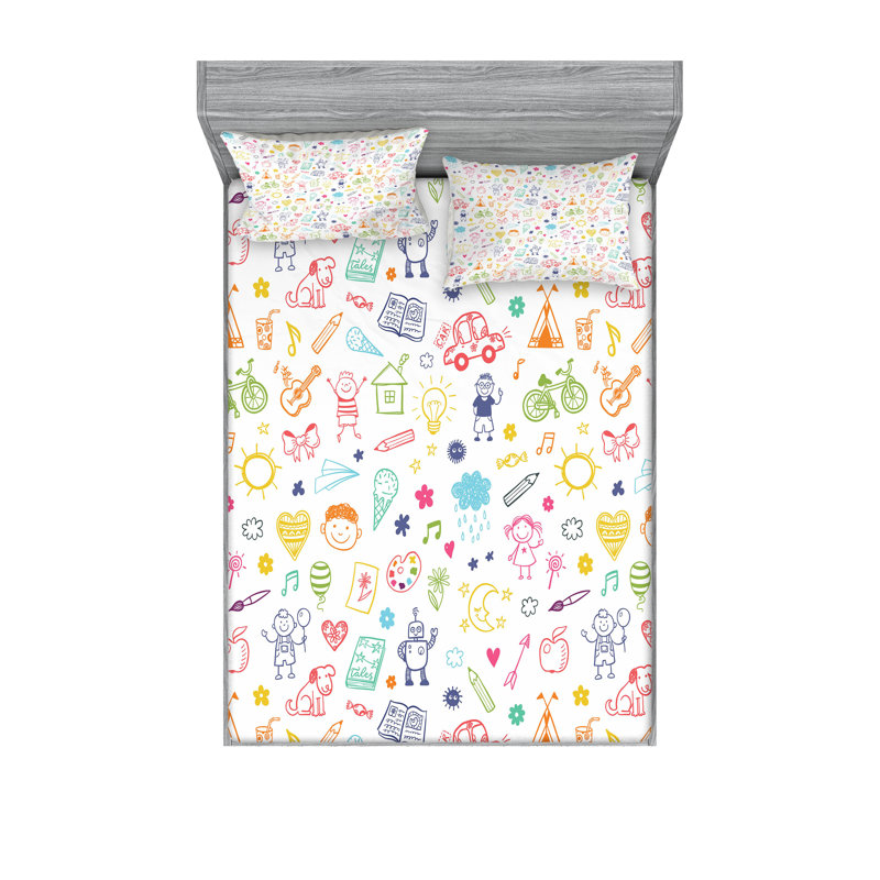 Ambesonne Cartoon Fitted Sheet & Pillow Sham Multicolor, Full Sheet Set + 5 Additional Pieces