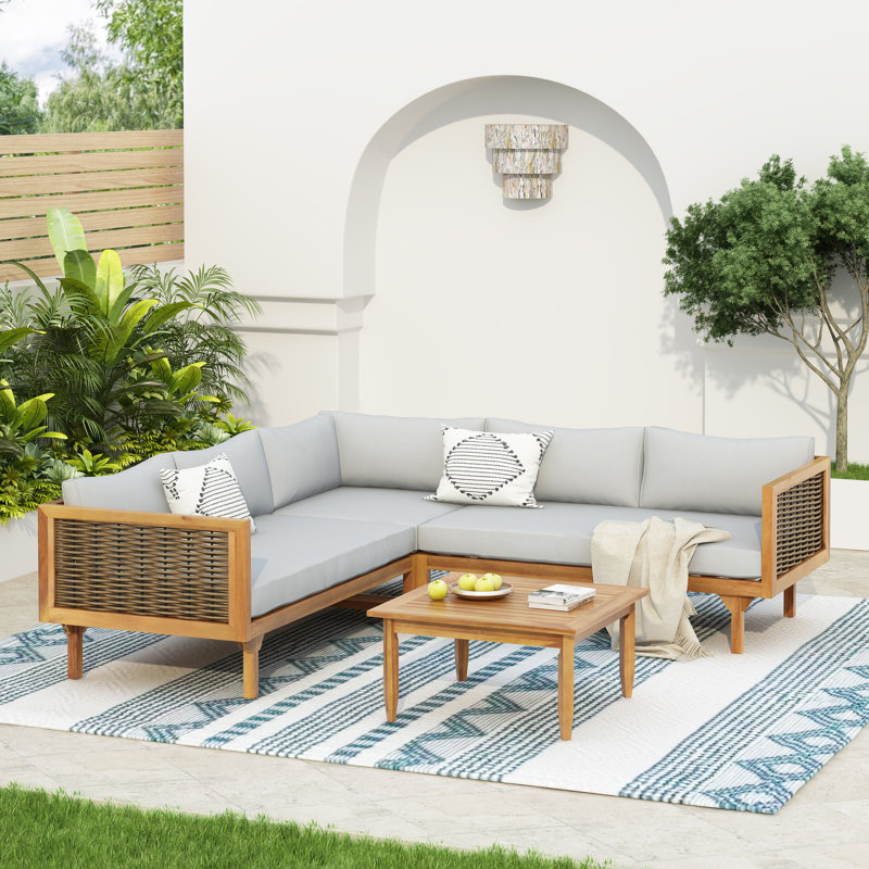 Ensemble de canapé modulaire en bois d'acacia avec coussins amovibles 4 pièces Eli Patio, Gris