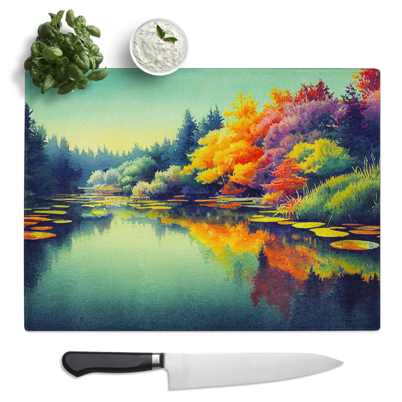 Colourful Watercolour Pond  Glass Chopping Board