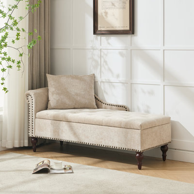 Upholstered Velvet/Chenille Chaise Lounge, Storage Bench with Pillow and Solid Wood Legs by House of Hampton