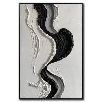 Textured Ocean Wave Art On Canvas Minimalist Oil Painting Vertical Modern Black Simply White Framed Artwork