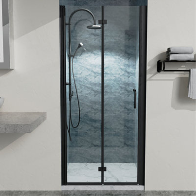 34 To 35-3/8 In. W X 72 In. H Bi-Fold Semi-Frameless Shower Doors In Matte Black With Clear Glass