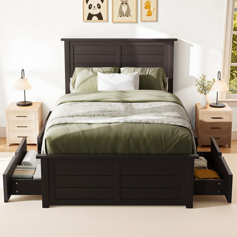  Lit plateforme simple en bois massif avec 4 tiroirs de rangement, pour enfants, adolescents, espresso, Lit simple, Brun