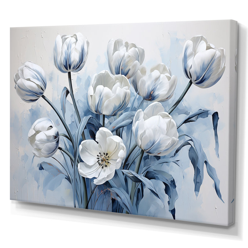 Minimalisme, tulipes bleues et blanches, coup de pinceau sur toile, Toile tendue, H 30 po x l 40 po x P 1,5 po