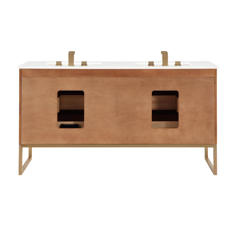Markham 60 in. Double Vanity, White Quartz, Walnut, Satin Brass