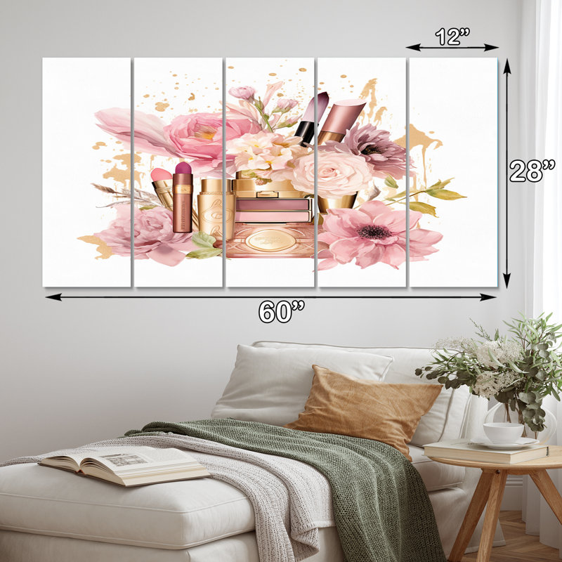 Reproduction d'art sur toile rose - Boho Chic Beauty Make-Up III - Articles de toilette roses - 5 panneaux égaux
