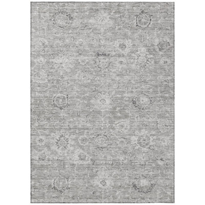 9' X 12' Gray And Silver Damask Washable Indoor Outdoor Area Rug