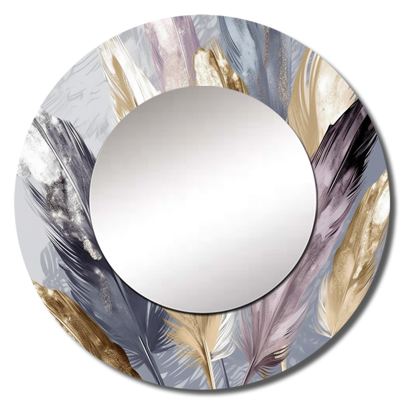 Purple Feather Boho Majesty - Glam Feather Round Mirror Wall Decor_MTMIR62355, 36 po x 36 po