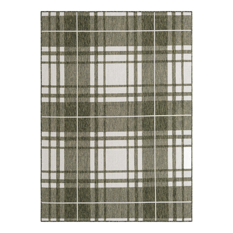 Tatasha Plaid Power Loom Polypropylene Plastic Indoor/Outdoor Area Rug in White/Green, Rectangle 5'1" x 7'1"