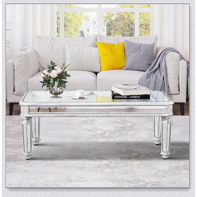 Silver Mirrored Coffee Table with Vintage Carved Elements, Modern Rectangle Glass Center Table for Living Room and Office