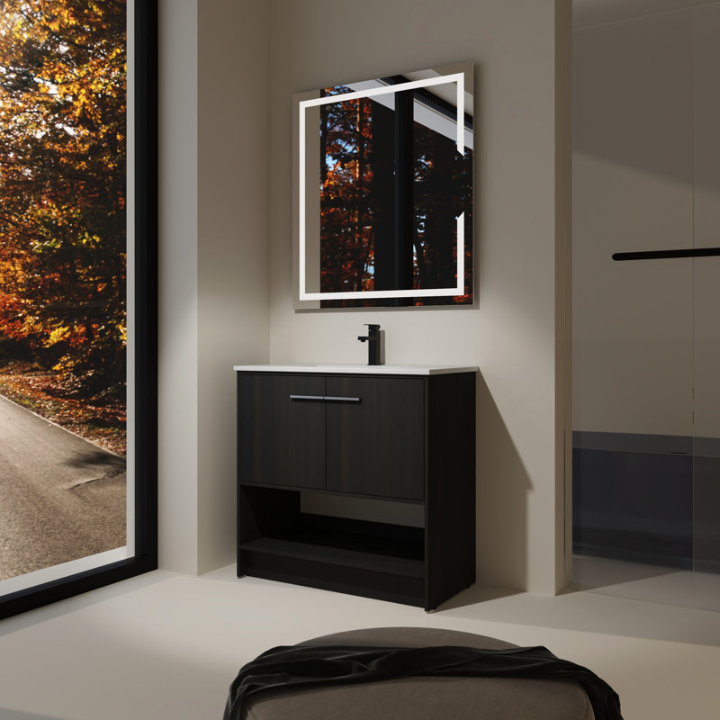 Meuble-lavabo autoportant de 36 po, lavabo en céramique, structure d'armoire en contreplaqué, 2 portes, meuble-lavabo à finition chêne noir avec armoire, autoportant, abat-jour foncé