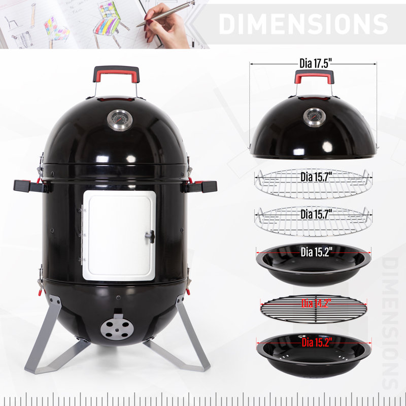 18" Black Charcoal Vertical Smoker Grill with Porcelain Enamel Bowls