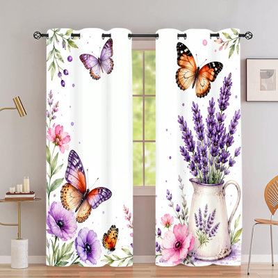 2 PCS rideaux occultants avec œillets, drapeaux à imprimé floral en polyester lavande aquarelle, isolation thermique, réduction du bruit, protection de la vie privée, obscurcissement des rideaux pour la chambre à coucher