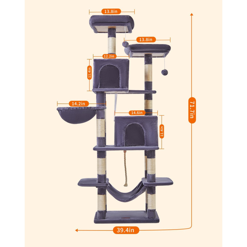 Cat Tree, 71.7-Inch Cat Tower For Indoor Cats, Plush Multi-Level Cat Condo With 13 Scratching Posts, 2 Perches, 2 Caves, Hammock, 2 Pompoms,Smoky Grey MS013LG
