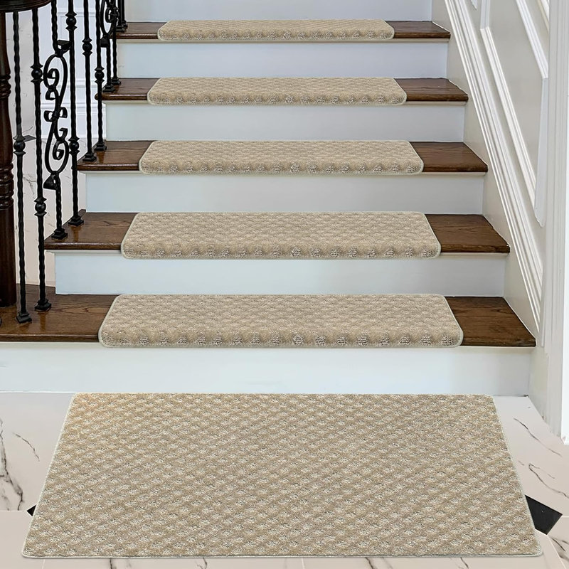 Geometric Bullnosed Non Slip Stair Treads Set With Landing Mat, Cream Grey Diamond Trellis