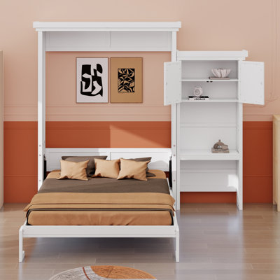 Foldable Wood Platform Bedframe With Louvred Style Decoration And Convertible Multiple Storage Shelves