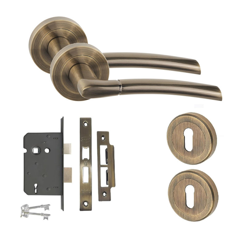  Indiana Design Door Handle Set in Antique Brass with Escutcheon and Mortise Lock
