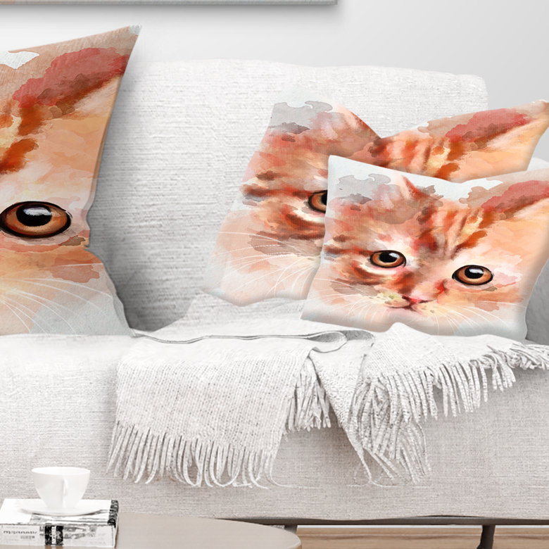 Croquis de chaton aquarelle rouge - coussin décoratif imprimé animal