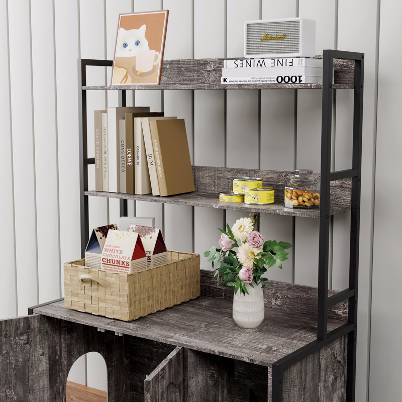 Grand bac à litière pour chat avec rangement, étagère pour chat caché, maison pour chat en bois avec bloc-notes, armoire pour chat robuste avec 2 portes