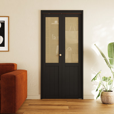 30" x 80" Solid Manufactured Wood And Imitation Rattan Hand-Woven Bi-Fold Closet Doors With Hardware Kit