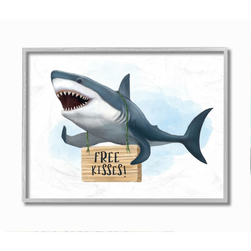 " Nautical Shark Free Kisses Sign Kid's Animal Humor " by Ziwei Li, Farmhouse Gray Framed Giclee, 11" H x 14" W x 1.5" D