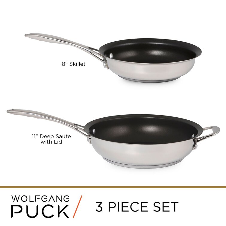 Wolfgang Puck 3-Piece Stainless Steel Skillet Set, Scratch-Resistant Non-Stick Coating