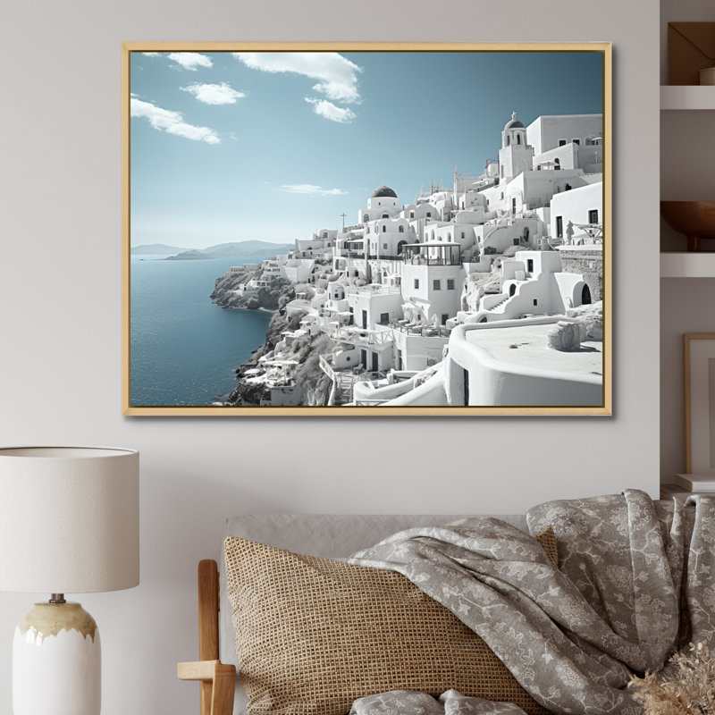 Grèce, Santorini, beau paysage urbain III - Grèce, art mural encadré, H 16 po x l 32 po x P 1 po, Cadre flottant érable