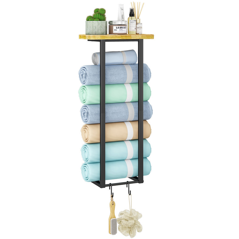 Porte-serviettes pour salle de bain, porte-serviettes avec tablette de rangement, porte-serviettes mural de 27 pouces pour petite salle de bain, porte-serviettes mural pour serviettes roulées