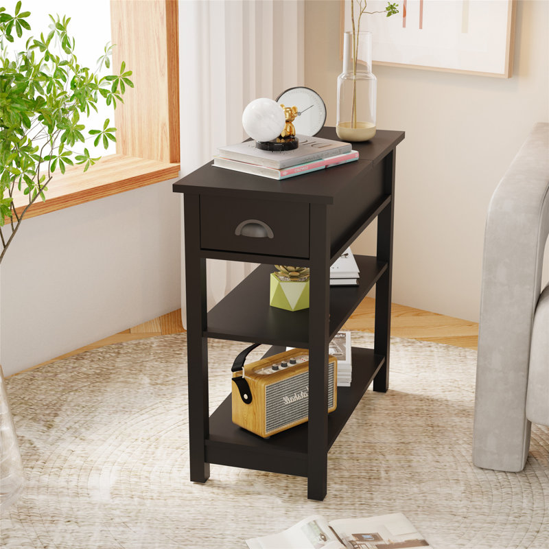 Wood Narrow Sided, Table Sofa Side Table with Drawers and Partition in 180 Flip Over Design, Brown